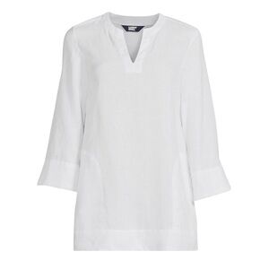 Lands End Split Neck White Tunic Top SZ Large Linen Blend Summer Wear NWT